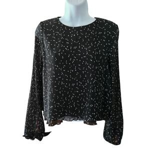 Zara Women's Small Plisse Polka Dot Blouse Neutral Long Sleeves Dressy